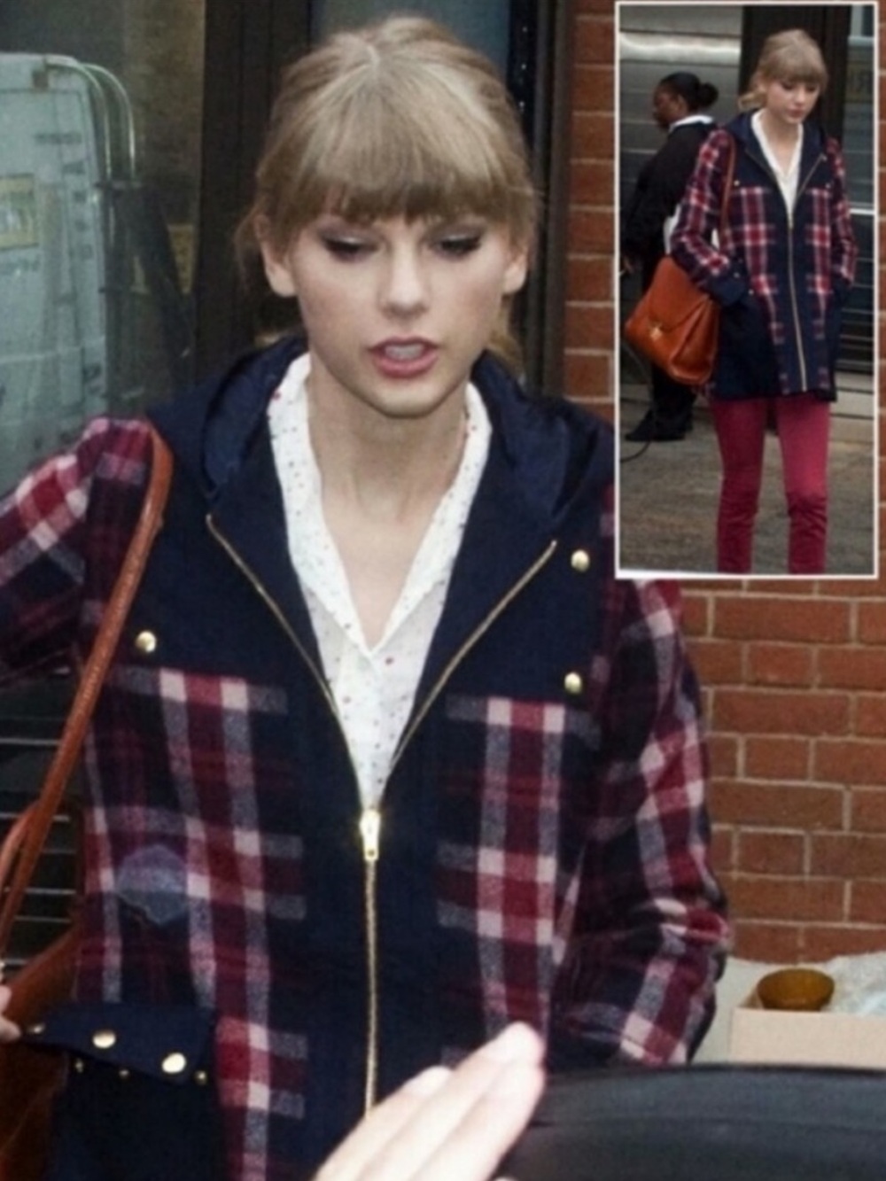 Anthropologie Madchen Riveted Plaid Jacket Wool Navy and Red Hooded Zip Coat